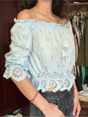 Rebecca Minkoff Light Blue Eyelet Off-Shoulder Blouse
